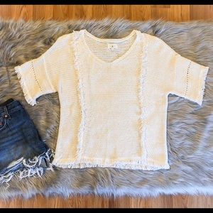 Lou & Grey Short Sleeve Sweater with Fringe, Cream